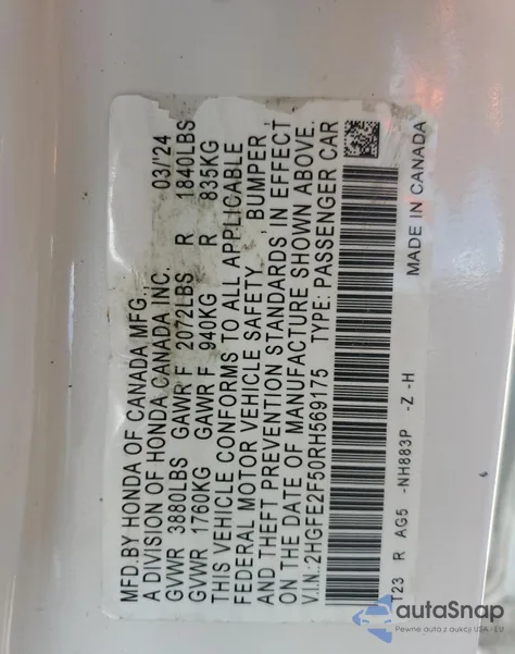 2024 Honda Civic Sport from USA, damaged, VIN 2HGFE2F50RH569175